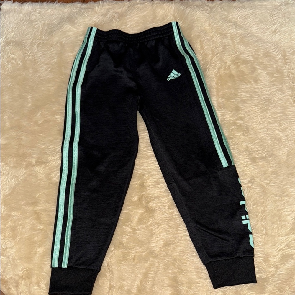 Adidas Kids Black Joggers with Green Stripes